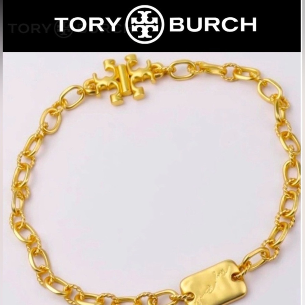 TORY BURCH 18K Gold Plated Brass Signature Bar Thick Chain Necklace, NWT